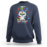 Autism awareness penguin sweatshirt, navy with colorful penguin graphic and text