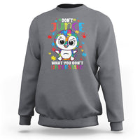 Autism awareness penguin sweatshirt, charcoal gray with colorful penguin graphic and text