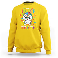 Autism awareness penguin sweatshirt, daisy yellow with colorful penguin graphic and text