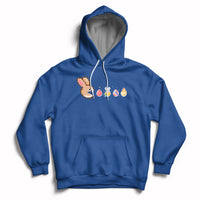 Royal blue Easter bunny and colorful eggs graphic pullover hoodie with front pouch pocket.