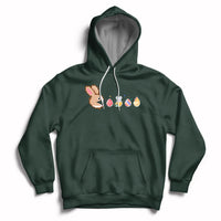 Forest green Easter bunny and colorful eggs graphic pullover hoodie with front pocket.