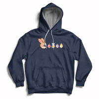 Black Easter bunny and colorful eggs graphic pullover hoodie with front pocket.