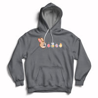 Charcoal gray Easter bunny and colorful eggs graphic pullover hoodie with drawstring hood.