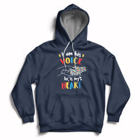Navy autism awareness hoodie with 'VOICE' and 'HEART' graphic, front pocket and hood
