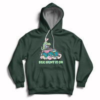 Forest green kids Easter hoodie with bunny-dinosaur graphic and 'EGG HUNT IS ON'