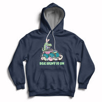 Navy kids Easter hoodie with bunny-dinosaur graphic and 'EGG HUNT IS ON'