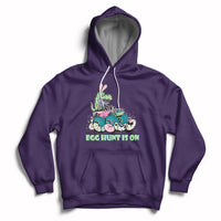 Purple kids Easter hoodie with bunny-dinosaur graphic and 'EGG HUNT IS ON'