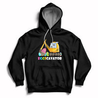 Black hoodie with front kangaroo pocket and Eggscavator construction egg graphic, hood up