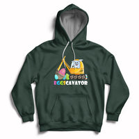 Forest green hoodie with front kangaroo pocket and Eggscavator construction egg graphic, hood up
