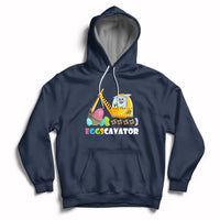 Navy hoodie with front kangaroo pocket and Eggscavator construction egg graphic, hood up