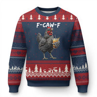 F-CAW-F Sarcastic Chicken Drinking Coffee Ugly Christmas Sweater Funny Morning Mood Grumpy Hen Iced Coffee Lover