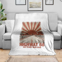 Highway 66 Main Street of America Sunset Horizon Throw Blanket Centennial 1926-2026 Retro Desert Sunburst Graphic