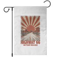Highway 66 Main Street of America Sunset Horizon Garden Flag Centennial 1926-2026 Retro Desert Sunburst Graphic
