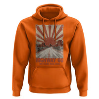 Highway 66 Main Street of America Sunset Horizon Hoodie Centennial 1926-2026 Retro Desert Sunburst Graphic