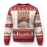 Highway 66 Main Street of America Sunset Horizon Ugly Christmas Sweater Centennial 1926-2026 Retro Desert Sunburst Graphic