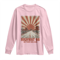Highway 66 Main Street of America Sunset Horizon Long Sleeve Shirt Centennial 1926-2026 Retro Desert Sunburst Graphic