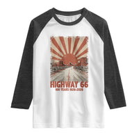 Highway 66 Main Street of America Sunset Horizon Raglan Shirt Centennial 1926-2026 Retro Desert Sunburst Graphic