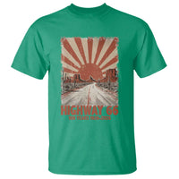 Highway 66 Main Street of America Sunset Horizon T Shirt Centennial 1926-2026 Retro Desert Sunburst Graphic