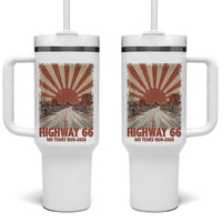 Highway 66 Main Street of America Sunset Horizon Tumbler With Handle Centennial 1926-2026 Retro Desert Sunburst Graphic