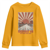 Highway 66 Main Street of America Sunset Horizon Youth Sweatshirt Centennial 1926-2026 Retro Desert Sunburst Graphic