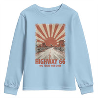 Highway 66 Main Street of America Sunset Horizon Youth Sweatshirt Centennial 1926-2026 Retro Desert Sunburst Graphic