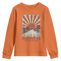 Highway 66 Main Street of America Sunset Horizon Youth Sweatshirt Centennial 1926-2026 Retro Desert Sunburst Graphic