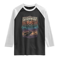 Highway 66 100 Years of the Mother Road Raglan Shirt Centennial 1926-2026 Desert Oasis Retro Rainbow Graphic