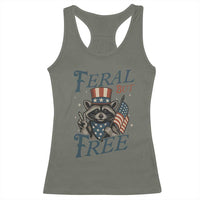 Funny Raccoon Patriotic Racerback Tank Top Feral But Free 4th Of July American Flag