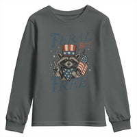 Funny Raccoon Patriotic Youth Sweatshirt Feral But Free 4th Of July American Flag
