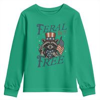 Funny Raccoon Patriotic Youth Sweatshirt Feral But Free 4th Of July American Flag