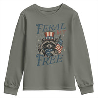 Funny Raccoon Patriotic Youth Sweatshirt Feral But Free 4th Of July American Flag