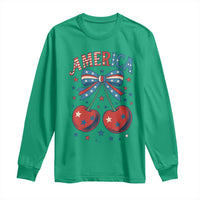 Retro Americana Cherries and Stars Coquette Bow Long Sleeve Shirt America Cute Patriotic 4th Of July US