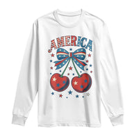 Retro Americana Cherries and Stars Coquette Bow Long Sleeve Shirt America Cute Patriotic 4th Of July US