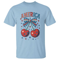Retro Americana Cherries and Stars Coquette Bow T Shirt America Cute Patriotic 4th Of July US