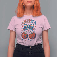 Retro Americana Cherries and Stars Coquette Bow T Shirt For Women America Cute Patriotic 4th Of July US