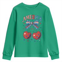 Retro Americana Cherries and Stars Coquette Bow Youth Sweatshirt America Cute Patriotic 4th Of July US