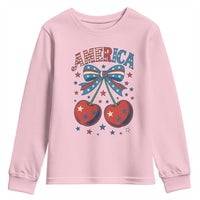 Retro Americana Cherries and Stars Coquette Bow Youth Sweatshirt America Cute Patriotic 4th Of July US