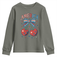 Retro Americana Cherries and Stars Coquette Bow Youth Sweatshirt America Cute Patriotic 4th Of July US