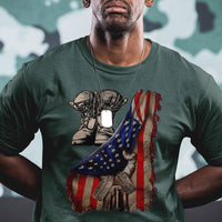 US Pride T Shirt American Flag With Combat Boots And Dog Tags - Wonder Print Shop