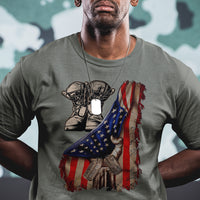US Pride T Shirt American Flag With Combat Boots And Dog Tags - Wonder Print Shop