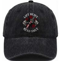 Lift Heavy Read Smut Funny Bookish Fitness Washed Cotton Baseball Cap Vintage Gothic Dagger Roses Weightlifting Spicy Romance Book Lover