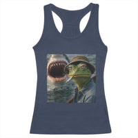 Unbothered Frog Smoking Cigarette Meme Racerback Tank Top Cinematic Shark Attack Calmness Graphic Dark Humor