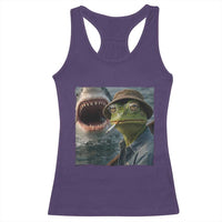Unbothered Frog Smoking Cigarette Meme Racerback Tank Top Cinematic Shark Attack Calmness Graphic Dark Humor