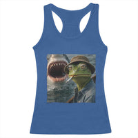 Unbothered Frog Smoking Cigarette Meme Racerback Tank Top Cinematic Shark Attack Calmness Graphic Dark Humor