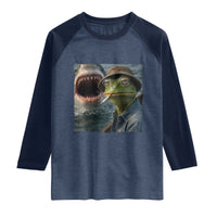 Unbothered Frog Smoking Cigarette Meme Raglan Shirt Cinematic Shark Attack Calmness Graphic Dark Humor