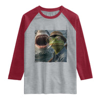 Unbothered Frog Smoking Cigarette Meme Raglan Shirt Cinematic Shark Attack Calmness Graphic Dark Humor