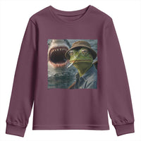 Unbothered Frog Smoking Cigarette Meme Youth Sweatshirt Cinematic Shark Attack Calmness Graphic Dark Humor