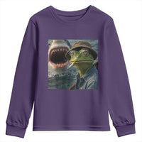Unbothered Frog Smoking Cigarette Meme Youth Sweatshirt Cinematic Shark Attack Calmness Graphic Dark Humor