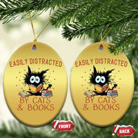 Cat and Book Lover Christmas Ornament Easily Distracted By Cats And Books Funny Black Cat Meme - Wonder Print Shop