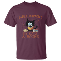 Cat & Book Lover T Shirt Easily Distracted By Cats And Books Funny Black Cat Meme - Wonder Print Shop
